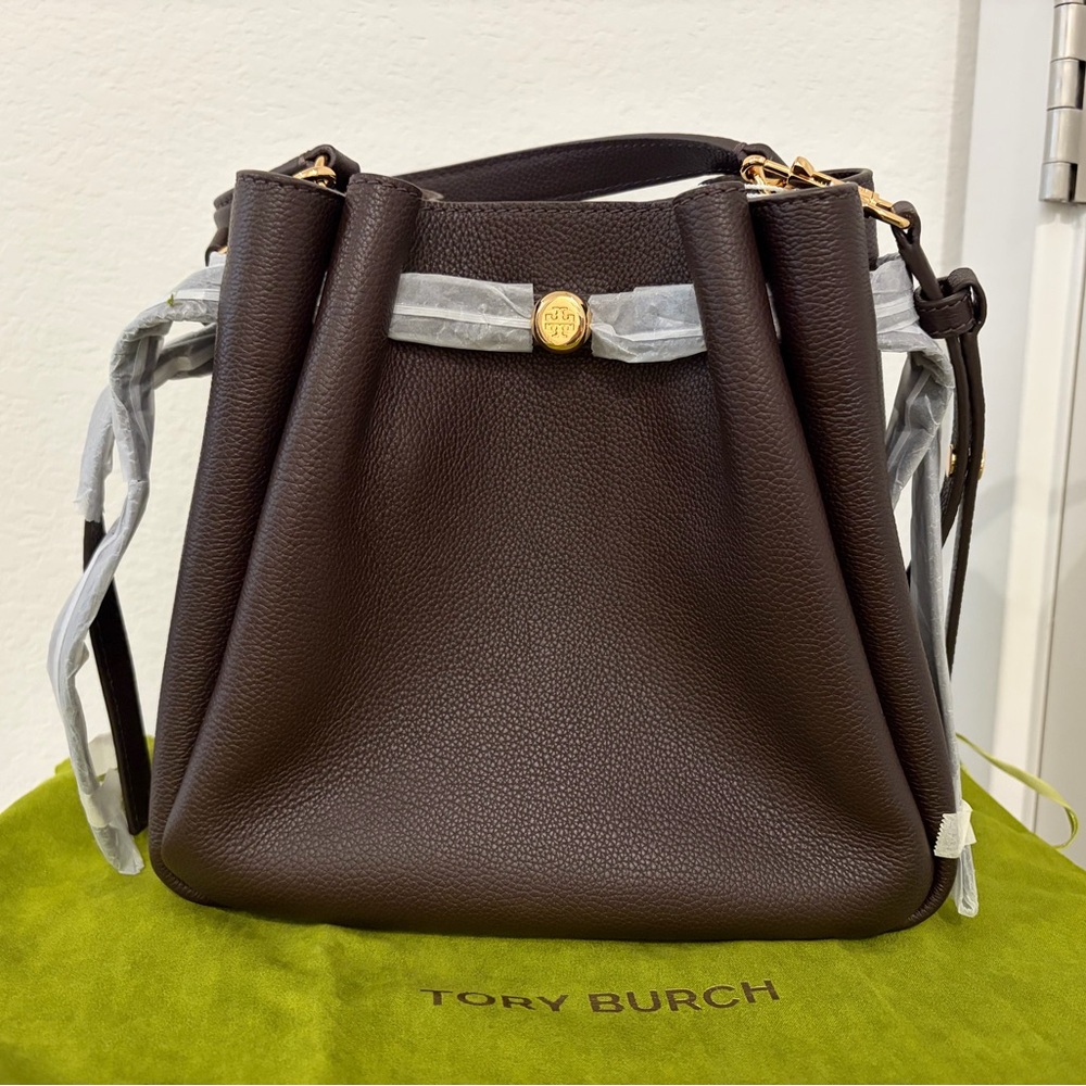 NWT Tory Burch Romy Pebble Leather Bucket Bag (Deep Brown)